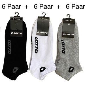 6+6+6 paar LOTTO Sneakersokken. Wit-Zwart-Grijs Maat 39-42 Unisex BULK VOORDEEL !!