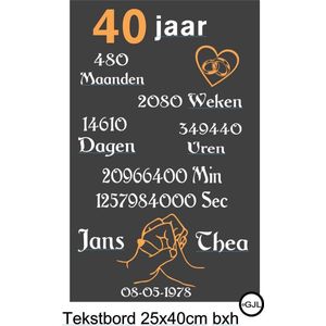 Tekstbord 40  jaar getrouwd incl namen en datum Gepersonaliseerde Cadeaus Jubileum Geschenk Spreukenbord Wand Bord Huwelijk
