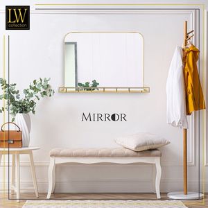 LW Collection wandspiegel met plankje goud 63x50 cm metaal - grote spiegel muur - industrieel - woonkamer gang - badkamerspiegel - muurspiegel slaapkamer gouden rand - hangspiegel met luxe design
