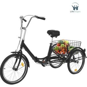 LifeStages - Driewieler Volwassenen - Driewieler - Driewielfiets Volwassenen - Driewielfiets - Driewieler Senioren - 20 Inches - met Boodschappenmandje 3 Wielen - Zwart