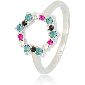 *My Bendel - Stijlvolle zilveren ring met gekleurde stenen - Design ring met cirkel van kleurrijke zirkonia stenen - Met luxe cadeauverpakking