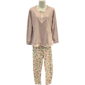 Dames Pyjamaset met Gebloemde Broek - Kleur Donkerbeige - Maat XL