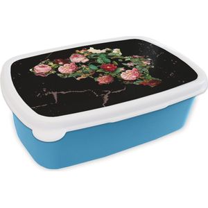 Broodtrommel Blauw - Lunchbox - Brooddoos - Kaart - België - Bloemen - 18x12x6 cm - Kinderen - Jongen