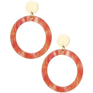 Earrings - oorbellen - design - goudkleurig met koraalrood ringen - stainless steel - nikkelfree - cadeau - kadotip - luxe - mam - moeder - moederdag - kerst