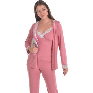 Dames Katoen Pyjama | 4-delige set | Katoen nachtkleding | Katoen nachthemd | Elegant Katoen Ochtendjas | Cadeau voor dames | kleur: roos | maat: M