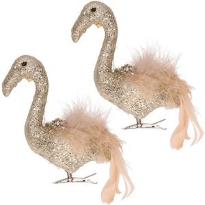 2x stuks decoratie vogels op clip flamingo goud 13 cm - Decoratievogeltjes/kerstboomversiering/bruiloftversiering