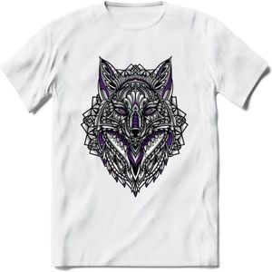 Vos - Dieren Mandala T-Shirt | Paars | Grappig Verjaardag Zentangle Dierenkop Cadeau Shirt | Dames - Heren - Unisex | Wildlife Tshirt Kleding Kado | - Wit - M