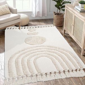 Groot beige bohemian regenboog vloerkleed 90 x 150 cm met kwastjes - wasbaar tapijt voor woonkamer slaapkamer keuken hal eetkamer vloerkleed