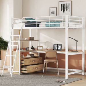 Merax Hoogslaper 90x200 cm - Metalen Bed met L-vormig Bureau - Praktische Lades en Opbergruimte - Wit