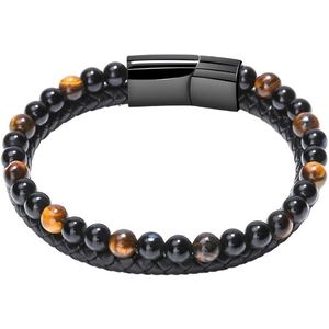 Fako Bijoux® - Leren Natuurstenen Armband Heren - Zwart Leer - Zwarte & Tijgeroog Natuursteen - 6mm - 21cm - Zwart/Tijgeroog