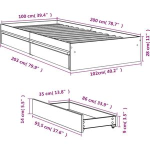 vidaXL - Bedframe - met - lades - bewerkt - hout - betongrijs - 100x200 - cm