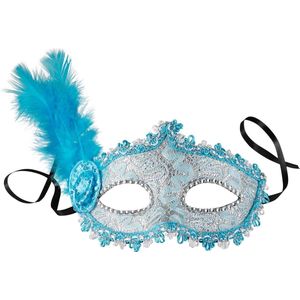 dressforfun - Venetiaans masker met zijdelingse veer blauw - verkleedkleding kostuum halloween verkleden feestkleding carnavalskleding carnaval feestkledij partykleding - 303551