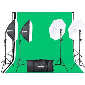 Travor fotostudio lampenset – greenscreen en paraplu set – 2x softbox – 2x paraplu – 3 verschillende kleuren doek – inclusief lampen