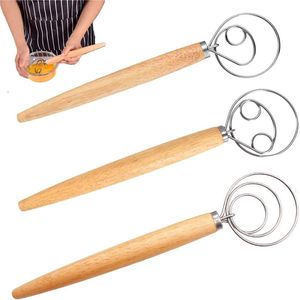 3 stuks professionele deeg, garde, brooddeeg, garde, eierracket, houten handvat mixer, bakgereedschap met houten handvat, voor bakken brood, gebak, dessert, pizzadeeg, 3 inch