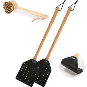 Vliegenmepper 2 Stuks Leren Vliegenmepper met Borstel - Handmatig Robuust Vliegenmepper - Lang Houten Handvat - Hol Wespenmepper - Thuis Binnen Buiten (Zwart)