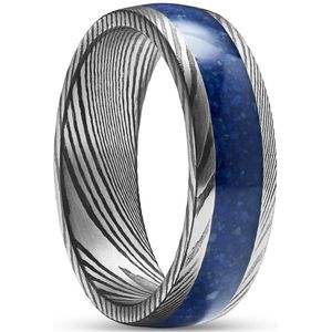 Fortis | 7 mm Gunmetalgrijze en Zilverkleurige Ring van Damascusstaal met Lapis Lazuli Inleg