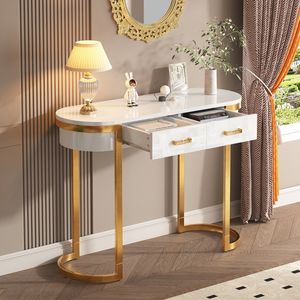 Pugsdrly 100 x 40 x 76 cm, moderne, eenvoudige bijzettafel in glanzend wit, consoletafel, bureau met 2 laden, geschikt voor woonkamer, slaapkamer, studeerkamer, hal, etc.