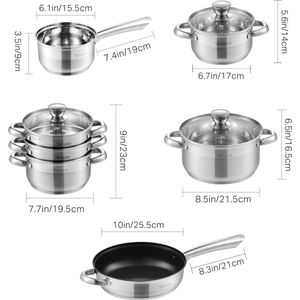 Amalee - Kookgerei - Set Roestvrijstalen - 10 Delige Pannenset - Keuken - Kookpot & Pan Set - Steelpan - Braadpan - Stomer - Glazen Deksel - Geschikt voor inductie