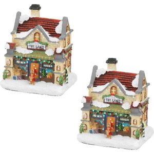 2x stuks kerstdorp kersthuisjes speelgoedwinkels met verlichting 9 x 11 x 12,5 cm - Kerstversiering/kerstdecoratie