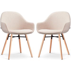 Nolon Nena-Mae Eetkamerstoelen Set van 2 Beige - met Armleuningen - Stof - Houten Poten - Design - Scandinavisch - Comfortabel