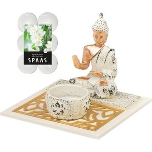 Boeddha beeld voor binnen 14 cm met 12x geurkaarsen Spiritual Jasmin - Buddha beeldje met theelichtjes/waxinelichtjes