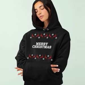 Kerst Hoodie Rendieren - Met tekst: Merry Christmas - Kleur Zwart - ( MAAT 4XL - UNISEKS FIT ) - Kerstkleding voor Dames & Heren