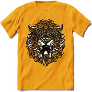 Tijger - Dieren Mandala T-Shirt | Donkerblauw | Grappig Verjaardag Zentangle Dierenkop Cadeau Shirt | Dames - Heren - Unisex | Wildlife Tshirt Kleding Kado | - Geel - XXL