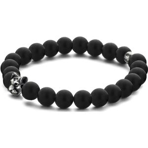 Kaliber 7KB-0164M Kralen Armband - Heren - Agaat - Zwart - 6 mm - Panter - 10 mm - 20 cm - Rekbaar - Staal - Zwart