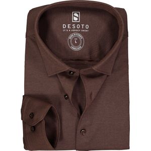 DESOTO slim fit overhemd - stretch pique tricot Kent kraag - donkerbruin - Strijkvrij - Boordmaat: 43/44