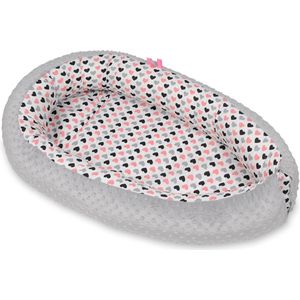 Babynestje - grijs zwart wit roze - minky dot en hartjes - met uitneembaar matras