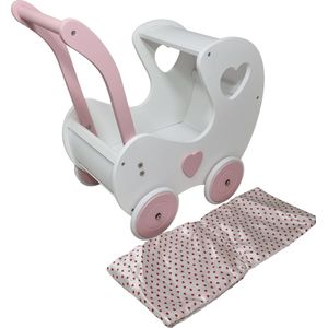 Houten poppenwagen XL Wit klassiek met hartjes inclusief wit met roze hartjes dekje