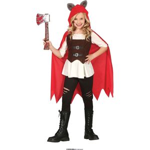 Guirca - Roodkapje Kostuum - Wolvenjager Roodcape - Meisje - Rood, Zwart, Wit / Beige - 7 - 9 jaar - Halloween - Verkleedkleding