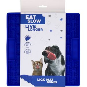 Eat Slow Live Longer Likmat – 21 x 21 cm - Vierkant – Snuffelmat – Anti-schrok Mat – Slowfeeder – Afleiding – Honden en Katten – voor Smeersels, Brokken en Snoep – Botjespatroon - 100% Siliconen – met Zuignappen – Vaatwasserbestendig – Blauw
