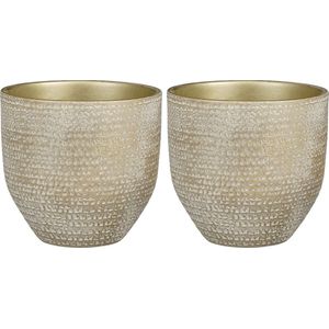 Mica Decorations - plantenpot/bloempot - 2x - champagne/wit relief - D24/H22 cm