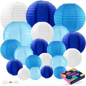 Fissaly 20 Stuks Lampionnen Set Versiering Blauw & Wit – Feest Decoratie – Verjaardag, Babyshower & Gender Reveal - Papier