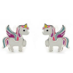 Zilveren kinder oorknopjes unicorn roze wit