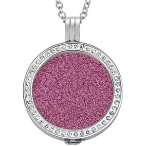 Quiges - Munthouder met Ketting en Munt 33mm Glitters Roze - RVS Zilverkleurig met Zirkonia - ERHS119