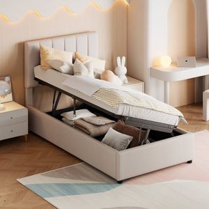 Sweiko Kinderbed 90x200 cm, Hydraulisch opbergbed, Huidvriendelijk linnen loft bed, Beige (zonder matras)