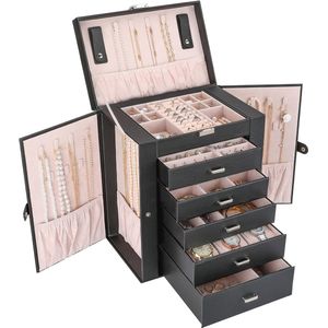 Grote Sieradendoos Organizer voor Dames en Meisjes, 6 Lagen Display en Opbergkoffer voor Sieraden zoals Oorbellen, Kettingen, Ringen en Armbanden