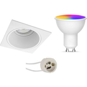LED Spot Set GU10 - Facto - Smart LED - Wifi LED - Slimme LED - 5W - RGB+CCT - Aanpasbare Kleur - Dimbaar - Afstandsbediening - Pragmi Minko Pro - Inbouw Vierkant - Mat Wit - Verdiept - 90mm
