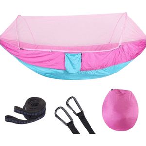 Reishangmat met Muggennet 1 Persoons – Roze/blauw - Ideale hangmat voor op reis, gemaakt van ademend parachutestof. Slechts 750 gram en zeer compact, perfect voor wandelen, fietsen. Met muggennet voor bescherming tegen insecten.