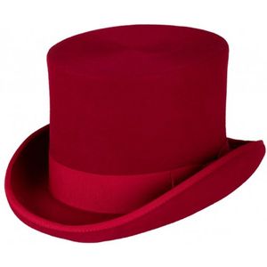 KIMU Luxe Hoge Hoed Rood - Hoog Model - Maat 57 - 100% Wol - Dames Heren Vrouw Man - Wolvilt Tophat Quizmaster Themafeest Burlesque Showgirl Festival