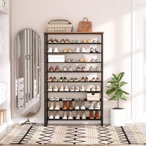 Schoenenrek met 10 niveaus, 100 cm schoenrek, hoog schoenenopslag, voor 40-50 paar schoenen, ruimtebesparend, voor hal, woonkamer, vintage bruin-zwart