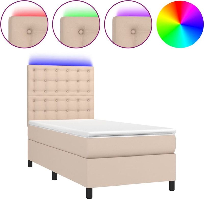 vidaXL - Boxspring - met - matras - en - LED - kunstleer - cappuccinokleur - 90x200 - cm