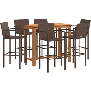 vidaXL 7-delige Tuinbarset massief acaciahout en poly rattan bruin - Bartafel - Bartafels - Statafel - Hoge Tafel