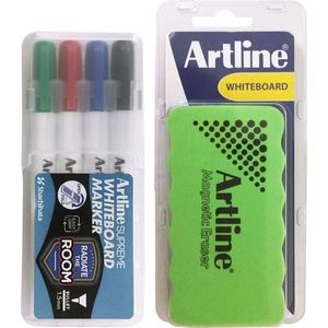 ARTLINE Whiteboard Kit - Set van 4 Whiteboard markers + Magnetische bordwisser- Groen, Rood, Blauw en Zwart