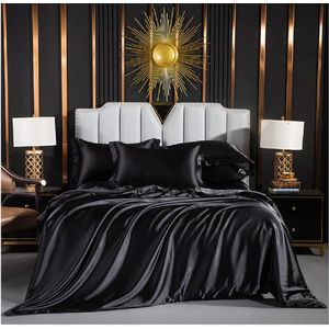 Beddengoed, satijn, zwart, 200 x 200 cm, glanzend, eenkleurig, zwart dekbedovertrek, set zijde, glad, luxe beddengoedset, glanzend satijn, polyester, met ritssluiting en kussenslopen, 80 x 80 cm