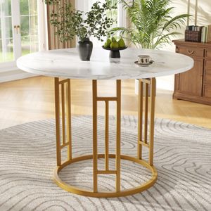 Ronde eettafel (80 x 80 x 76 cm), keukentafel, ronde salontafel voor 4 personen, geschikt voor eetkamers, woonkamers, stijlvolle metalen tafelpoten, MDF marmeren tafelblad, goud
