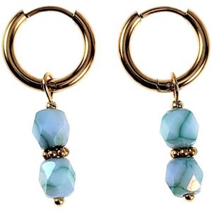 ∅14mm Oorbellen Dames - Verguld RVS - Oorringen met Turkooisgroene Glaskralen Hanger
