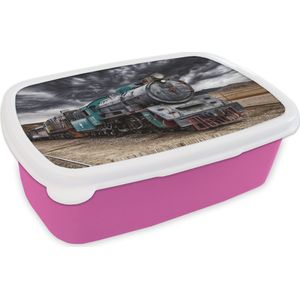 Broodtrommel Roze - Lunchbox - Brooddoos - Trein - Storm - Rails - 18x12x6 cm - Kinderen - Meisje